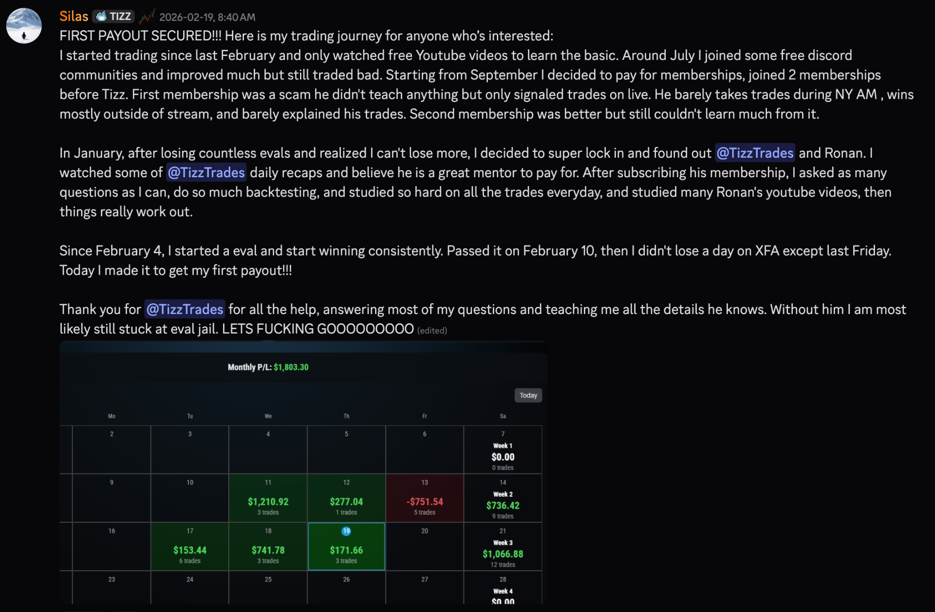 Silas first payout secured monthly P/L $1,803.30