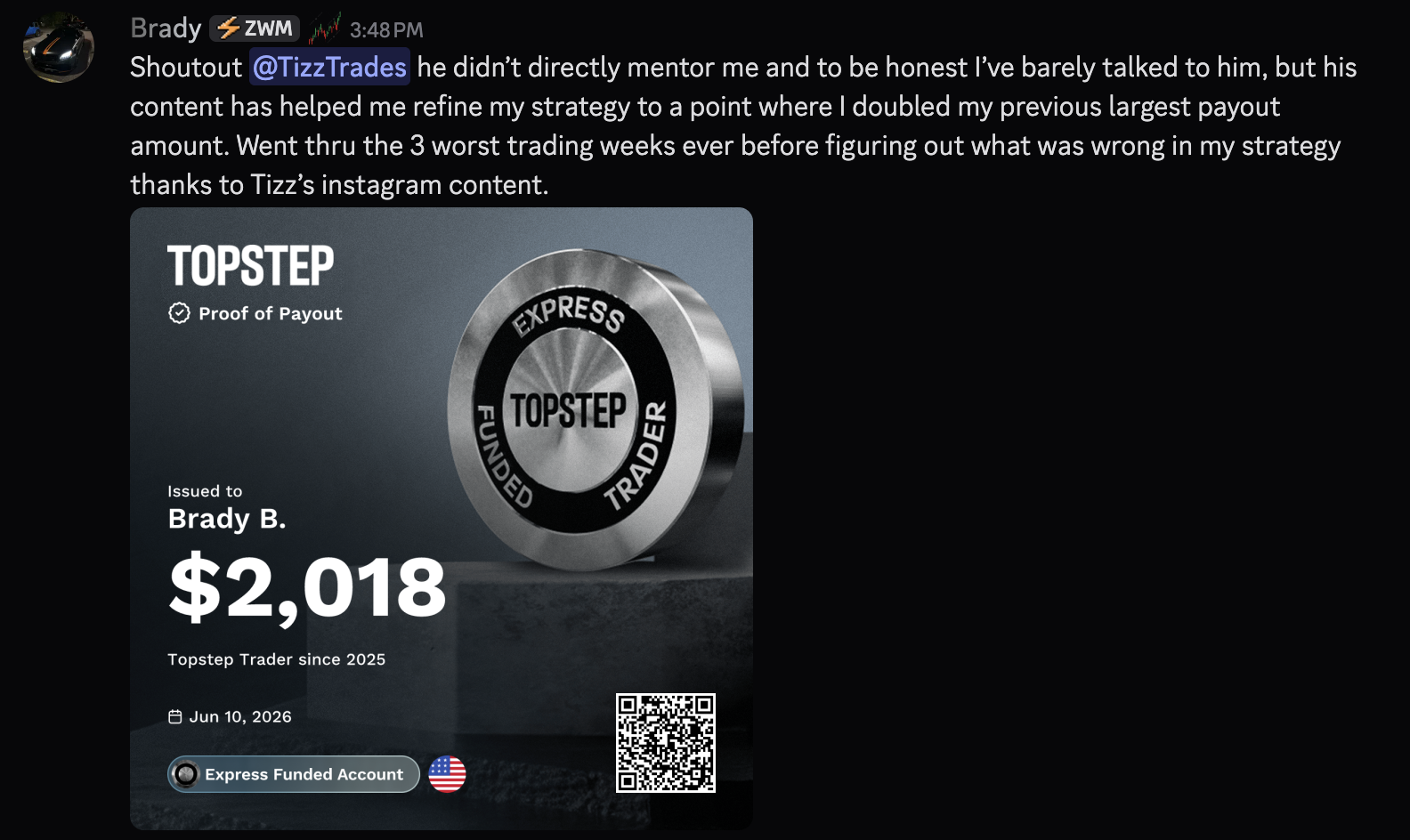 Brady Topstep $2,018 proof of payout