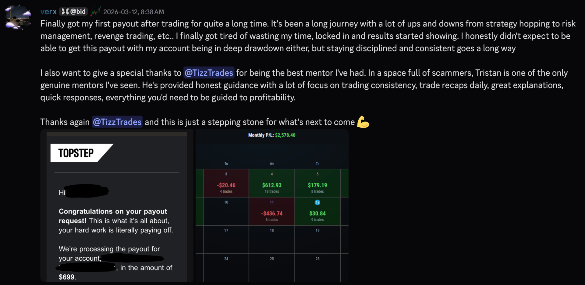 verx Topstep first payout $699 monthly P/L $2,578.40