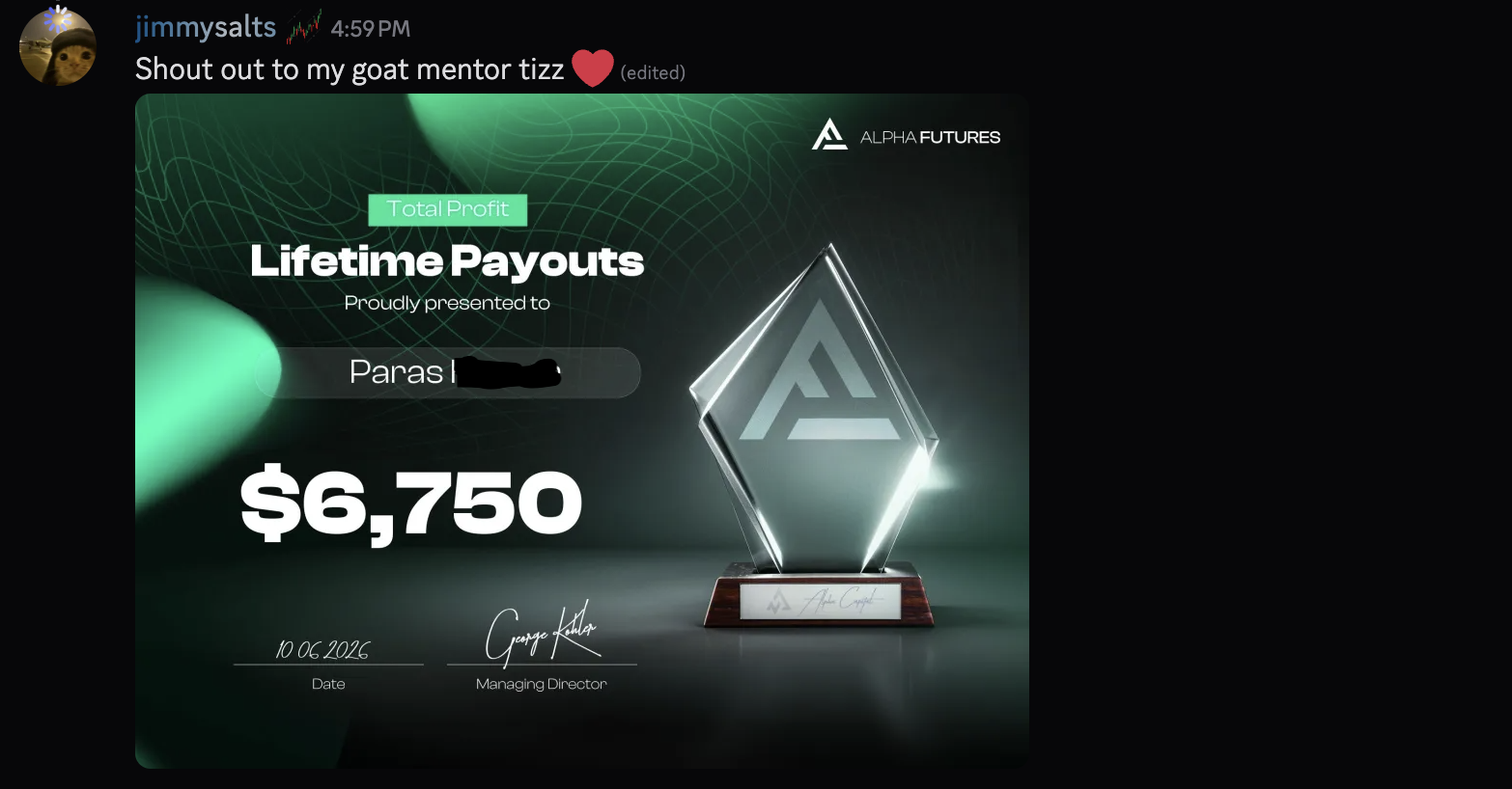 Paras Alpha Futures $6,750 lifetime payouts