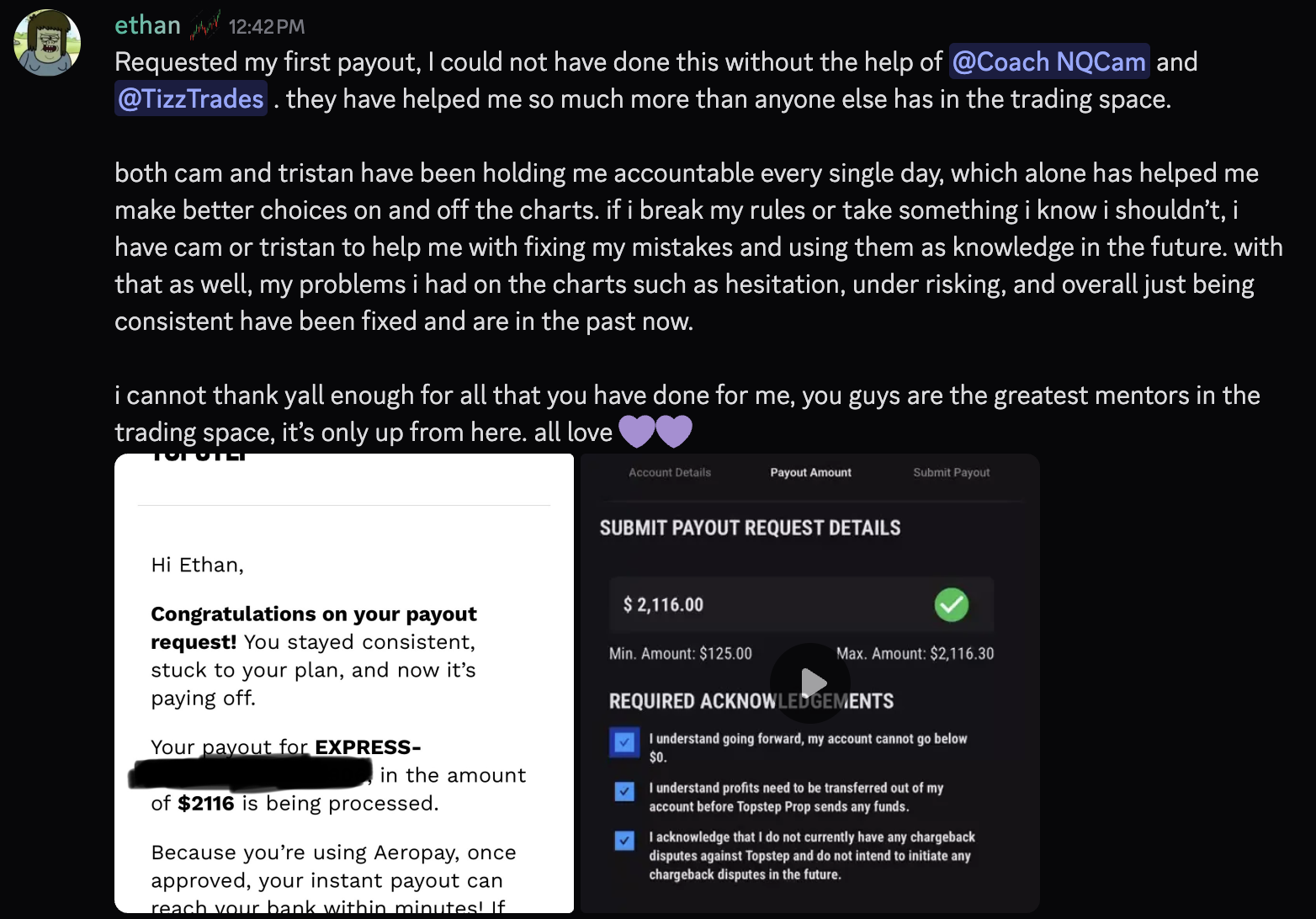 Ethan first payout testimonial with Topstep $2,116 request