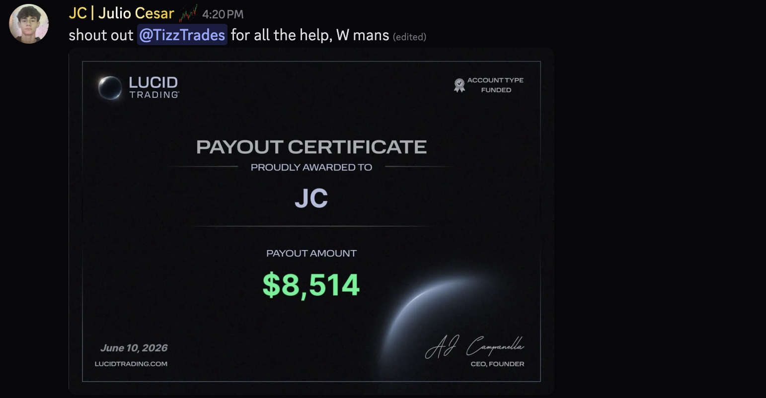 Julio Cesar Lucid Trading $8,514 payout certificate
