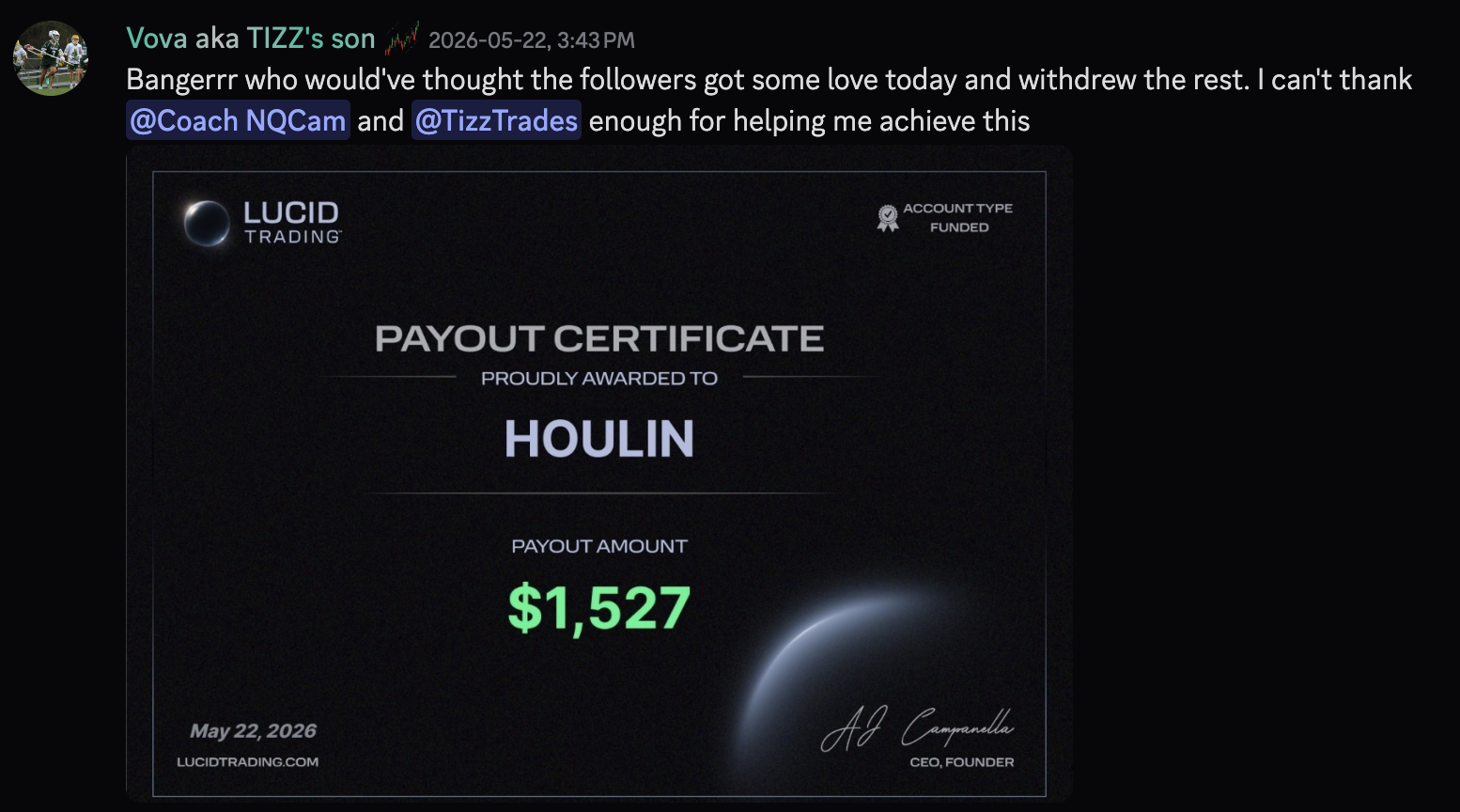 Houlin Lucid Trading $1,527 payout certificate