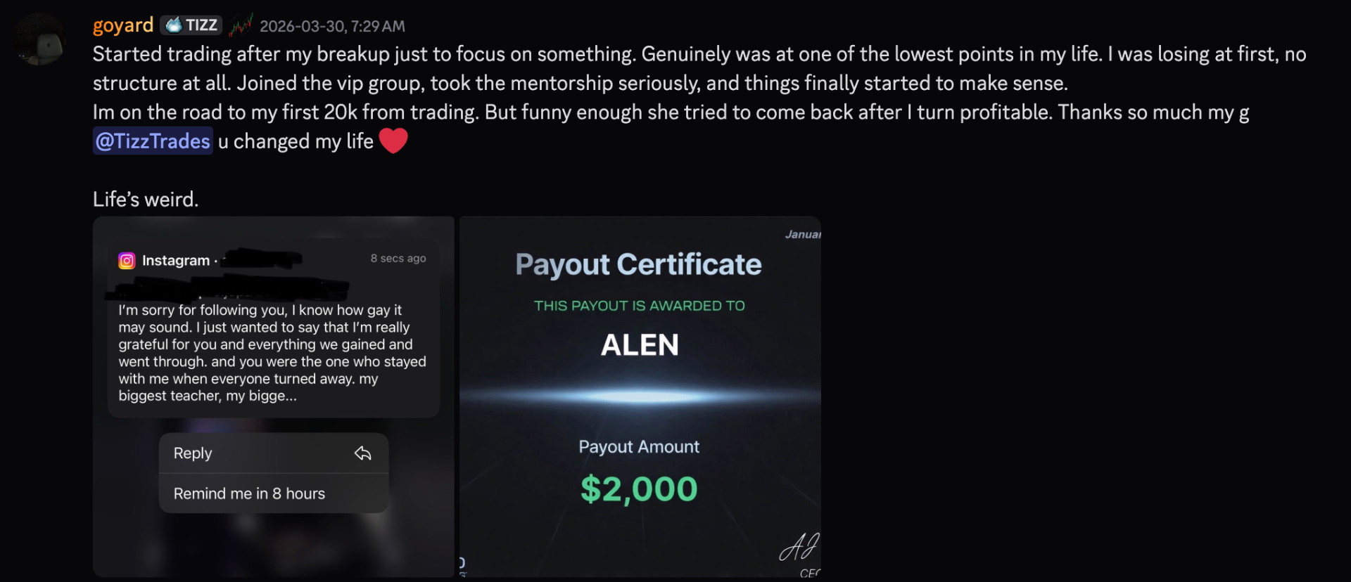 goyard student payout certificate $2,000 awarded to Alen