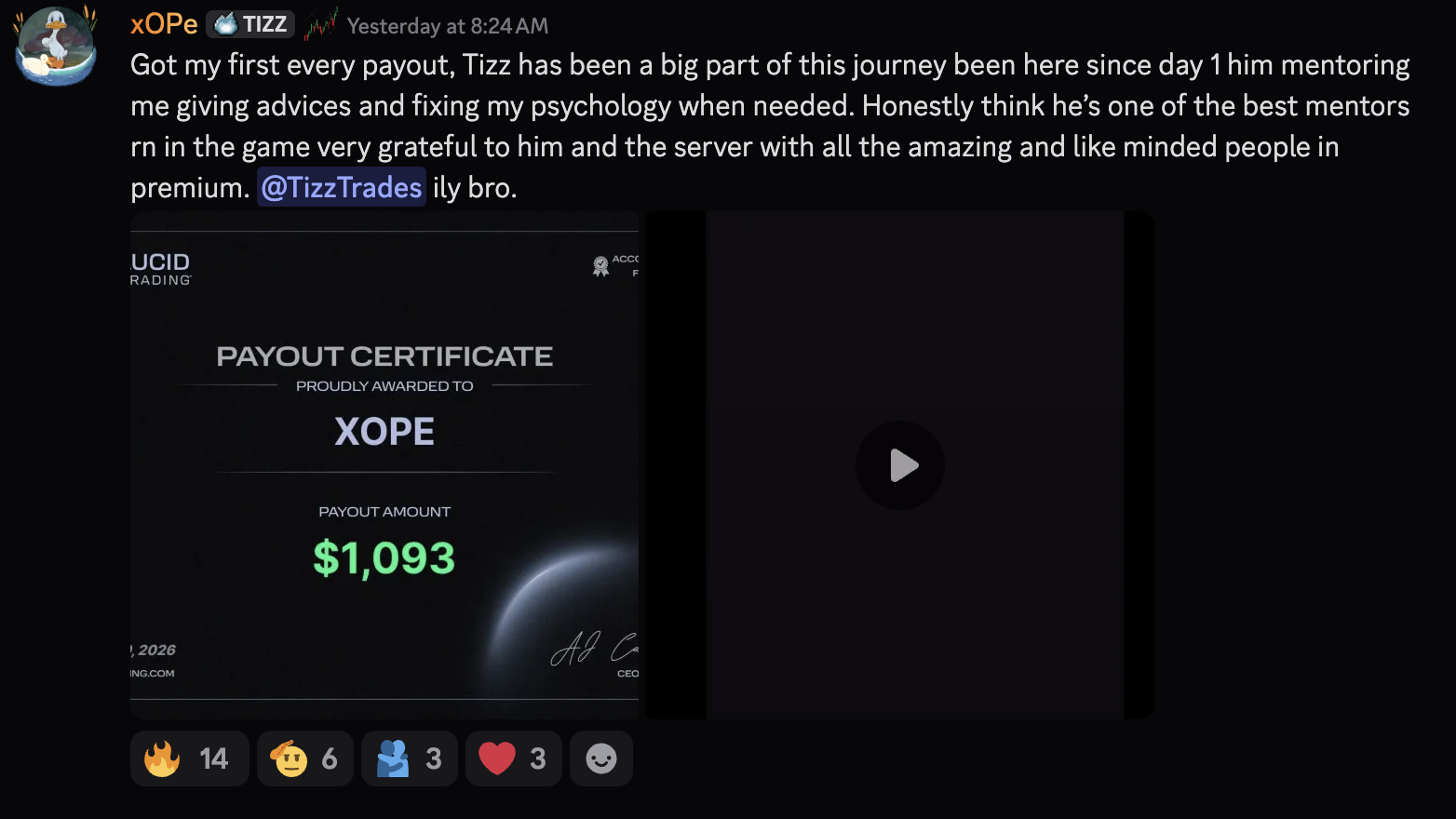 xOPe Lucid Trading $1,093 first payout certificate